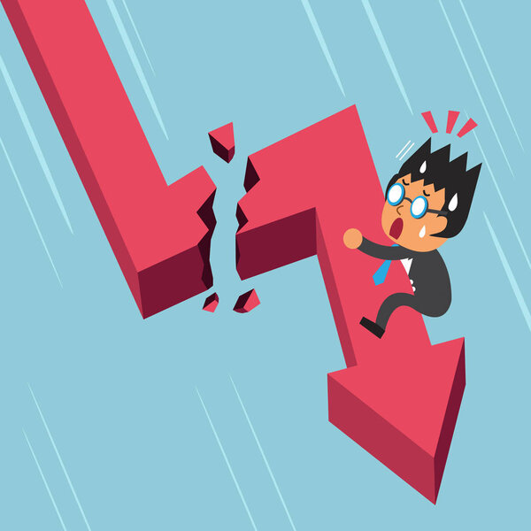 Cartoon businessman with broken red arrow