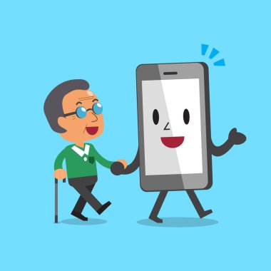 Çizgi film smartphone karakteri yürüyen yaşlı adam yardım