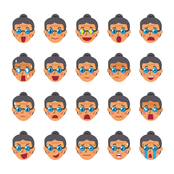 Conjunto de caras de una mujer mayor mostrando diferentes emociones — Vector de stock