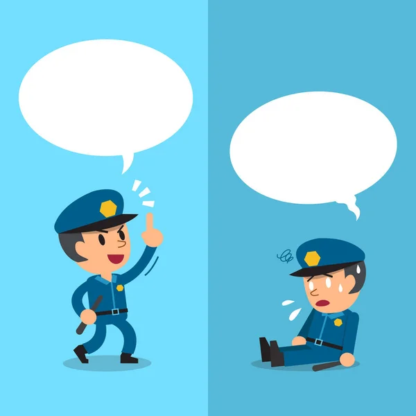 Poliziotto dei cartoni animati che esprime emozioni diverse con bolle di discorso bianche — Vettoriale Stock