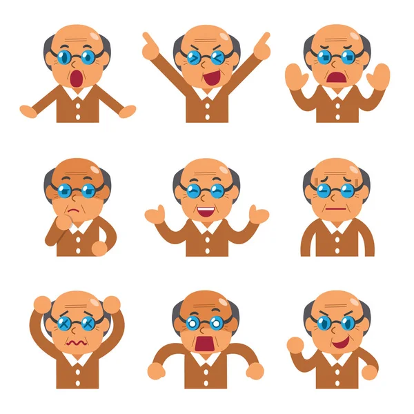 Caricatura senior hombre caras mostrando diferentes emociones — Vector de stock