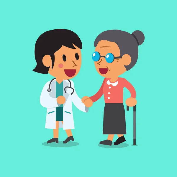 Cartoon doctor helping old woman to walk — Stock Vector