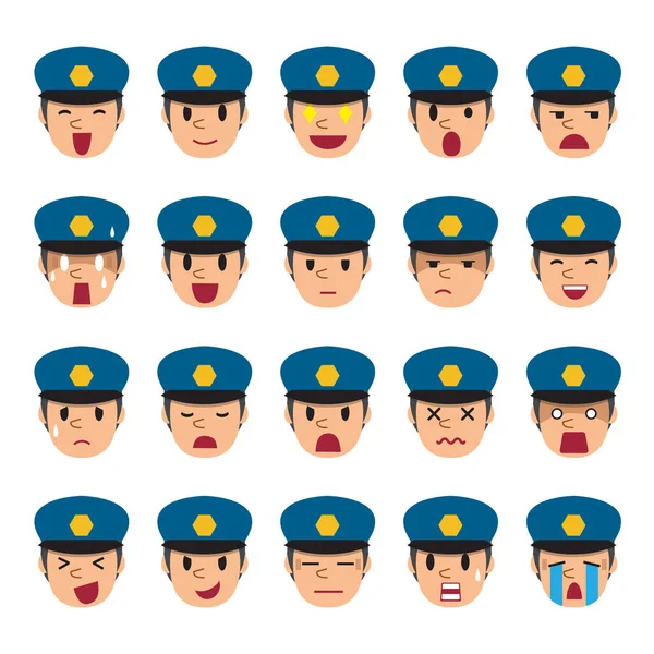 Conjunto de caras de policía mostrando diferentes emociones — Vector de stock