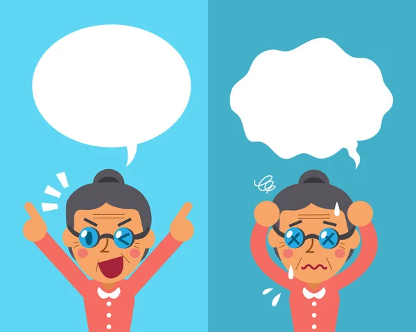 Cartoon senior woman expressing different emotions with speech bubbles — Stock Vector