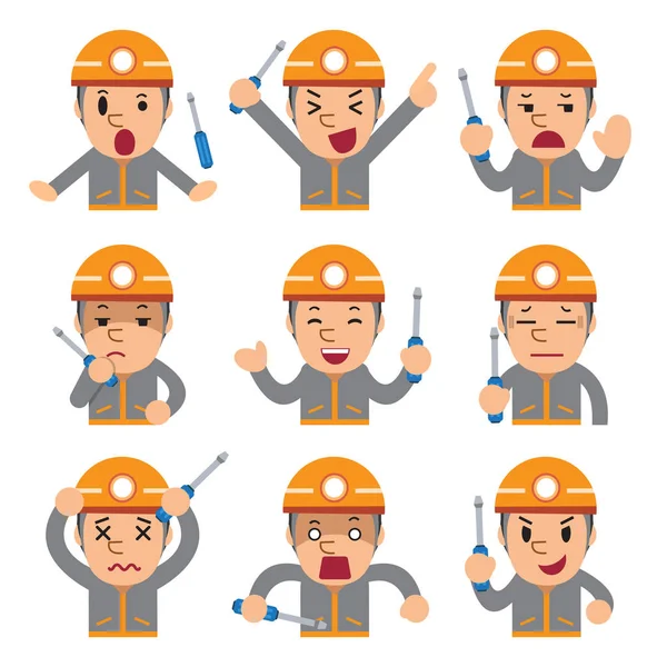 Cartoon technician faces showing different emotions — Stock Vector