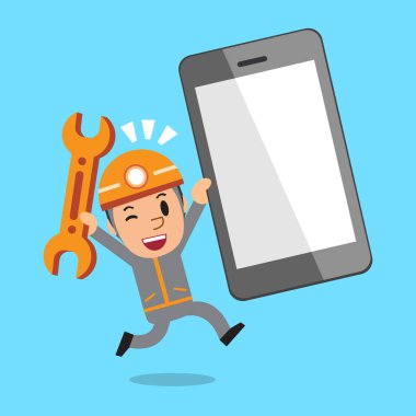 Çizgi film teknisyen ve büyük smartphone