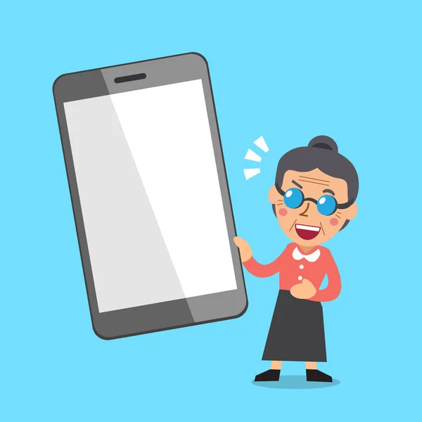 Мультфільм старша жінка і великий смартфон — стоковий вектор