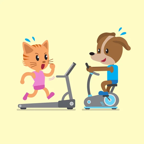 Κινούμενα σχέδια γάτας και σκύλου που κάνει άσκηση με ποδήλατο γυμναστικής και treadmill — Διανυσματικό Αρχείο