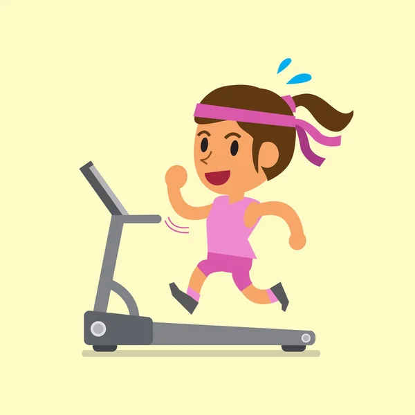 Mujer de dibujos animados corriendo en la cinta de correr — Vector de stock