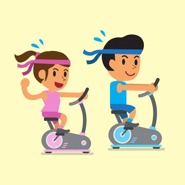 Kreskówka mężczyzna i kobieta jazdy rowery treningowe — Wektor stockowy