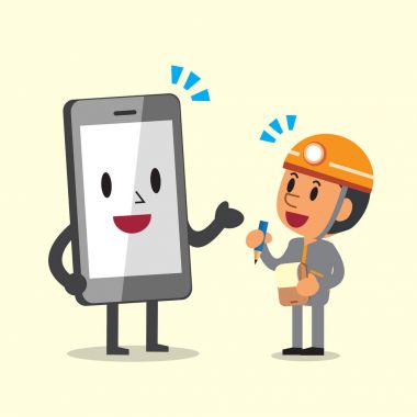 Çizgi film teknisyen ve smartphone karakter