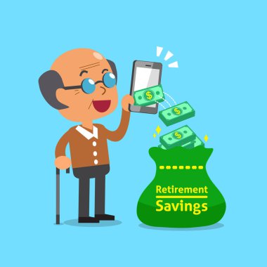 İş kavramı yaşlı adam para kazanmak için smartphone kullanarak