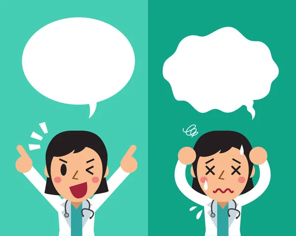 Dibujos animados médico femenino que expresa diferentes emociones con burbujas del habla — Archivo Imágenes Vectoriales