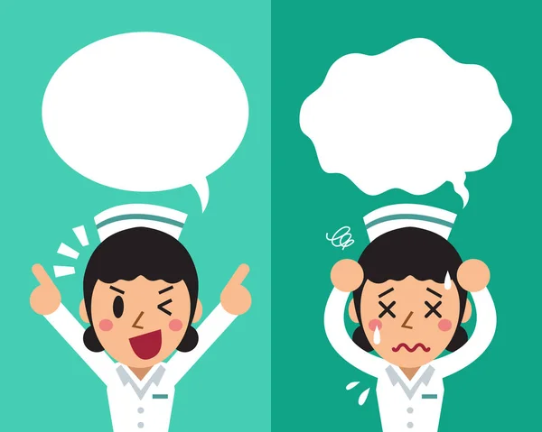 Enfermeira dos desenhos animados expressando emoções diferentes com bolhas de fala —  Vetores de Stock