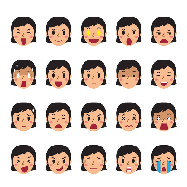 Conjunto de rostos de uma mulher mostrando emoções diferentes —  Vetores de Stock