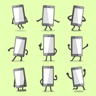 Çizgi film smartphone karakter pozlar boş ekran ile