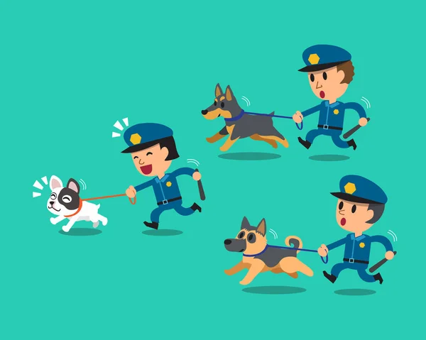 Cartoon security guard policemen with police guard dogs — Stock Vector