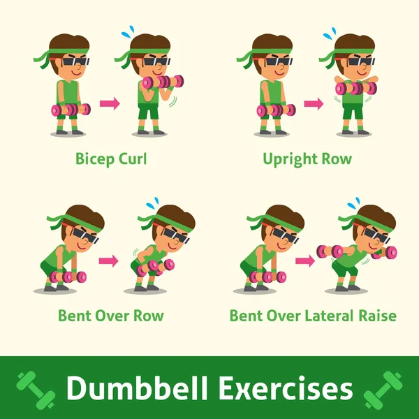 Мультфильм набор человек делает гантели шаг упражнения для здоровья и фитнеса — стоковый вектор