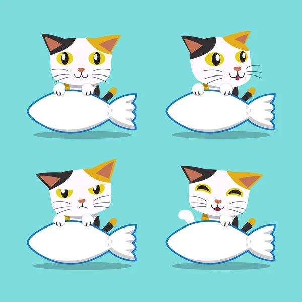 Σύνολο των καρτούν χαρακτήρα γάτα με μεγάλα ψάρια σημάδι — Διανυσματικό Αρχείο