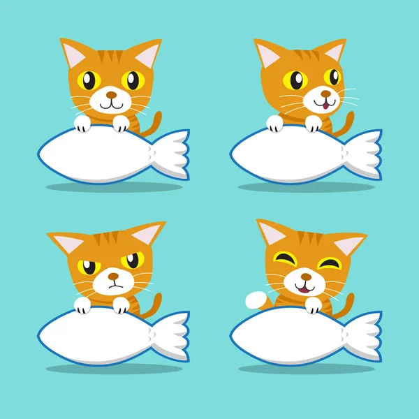 Personaje de dibujos animados gato naranja con signo de pez grande — Vector de stock