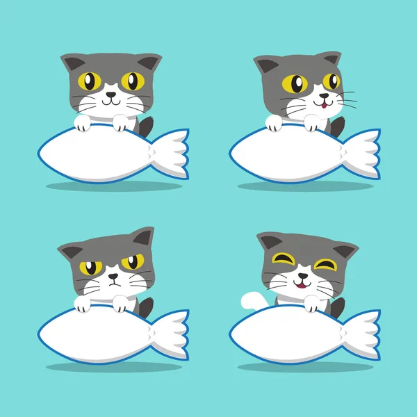 Personaje de dibujos animados gato con signo de pescado — Vector de stock