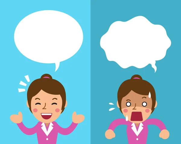 Cartoon businesswoman expressing different emotions with white speech bubbles — Stock Vector