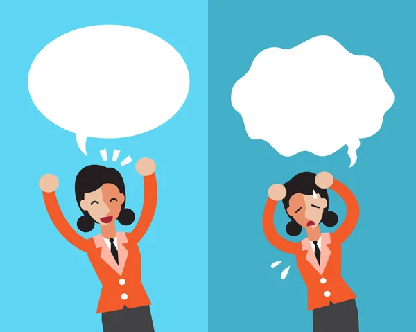 Cartoon business woman expressing different emotions with speech bubbles — стоковый вектор