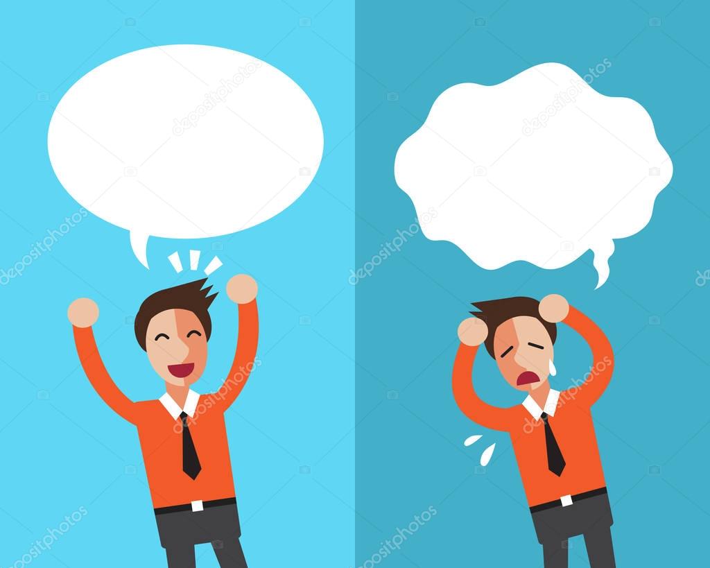 Cartoon businessman expressing different emotions with speech bubbles