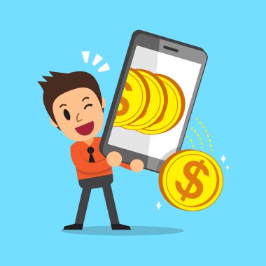 Para kazanmak için Smartphone kullanarak çizgi film işadamı