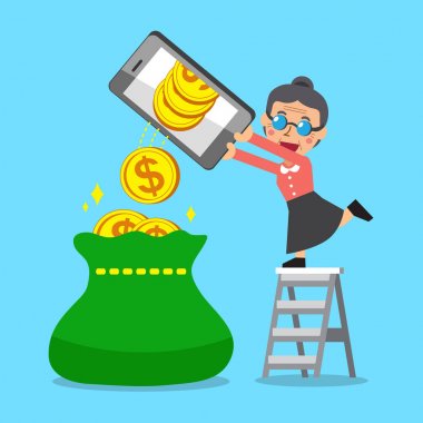 Para kazanmak için akıllı telefon kullanan bir üst düzey kadın karikatür