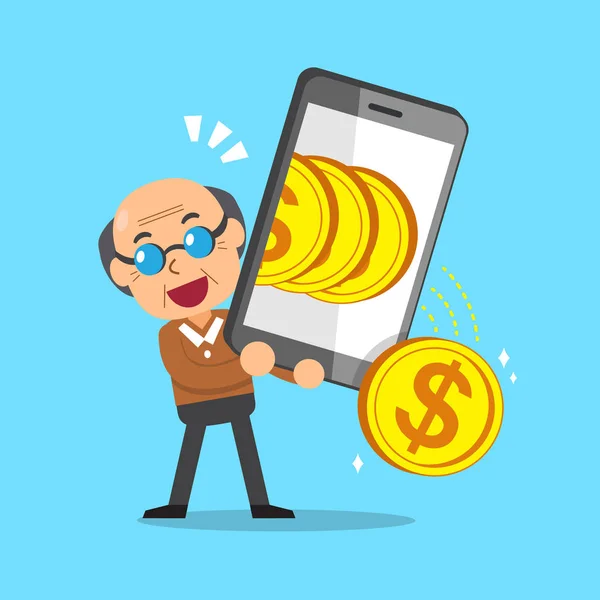 Hombre mayor de dibujos animados utilizando el teléfono inteligente para ganar dinero — Vector de stock