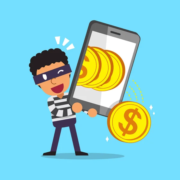 Ladrón de dibujos animados utilizando el teléfono inteligente para ganar dinero — Vector de stock