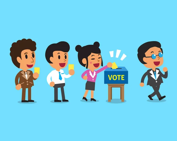 Dibujos animados poniendo papel de votación en las urnas — Vector de stock