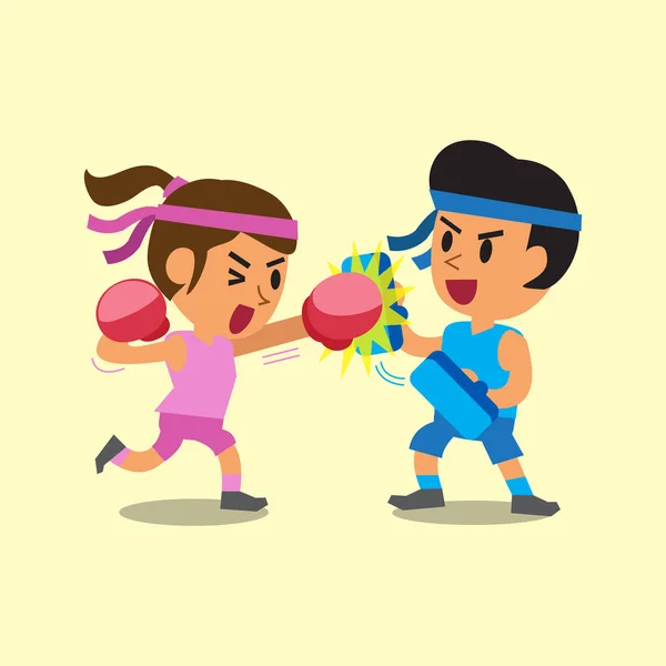 Cartoon sport woman and man doing boxing training — Stock Vector