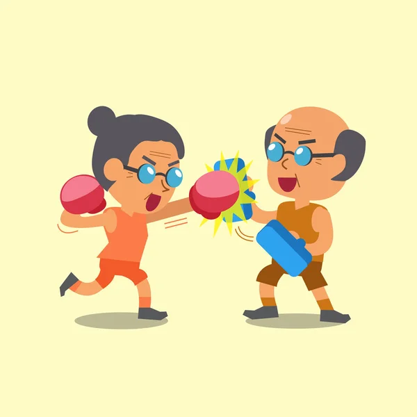 Dibujos animados deporte anciana y hombre viejo haciendo entrenamiento de boxeo — Vector de stock