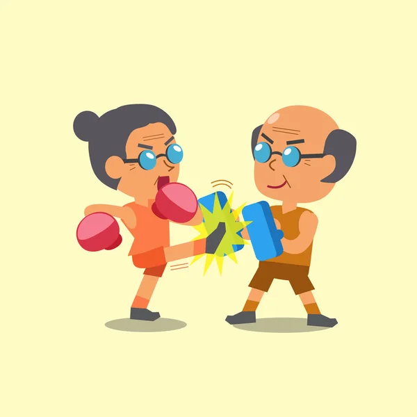 Kartun olahraga wanita tua dan orang tua melakukan pelatihan kickboxing - Stok Vektor