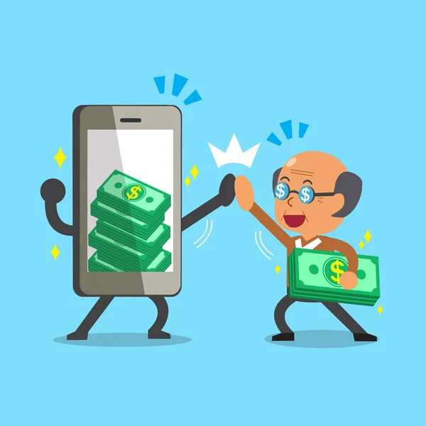 Cartoon old man and smartphone earning money — Stock Vector