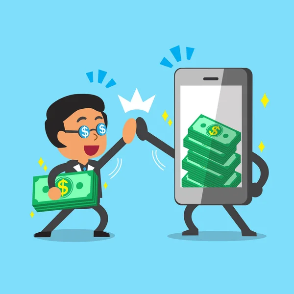 Cartoon businessman and smartphone earning money — Stock Vector