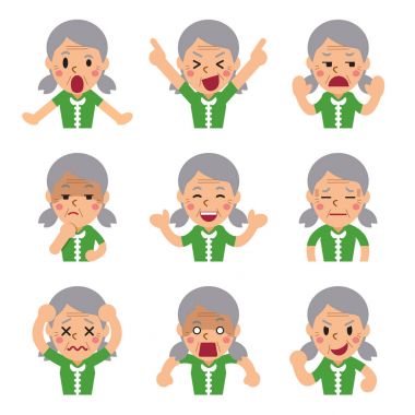 Çizgi film kadın kıdemli gösteren farklı duygular yüzler