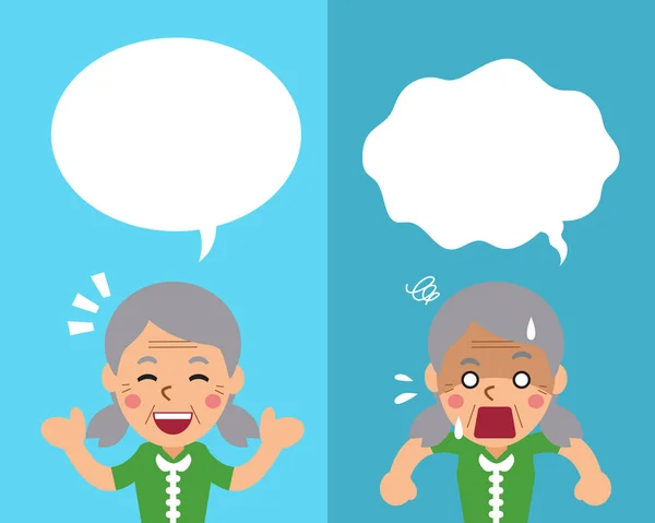 Карикатура на пожилую женщину, выражающую разные эмоции речевыми пузырями — стоковый вектор
