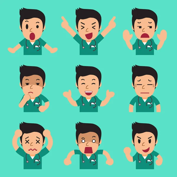 Male sjuksköterska för tecknade ansikten visar olika känslor — Stock vektor