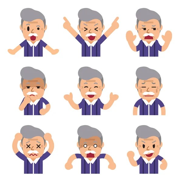Cartoon senior man faces showing different emotions — Stock Vector