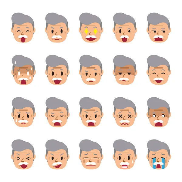 Набір облич старшого чоловіка, що показує різні емоції — стоковий вектор