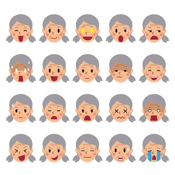 Set of a senior woman faces showing different emotions — Stock Vector