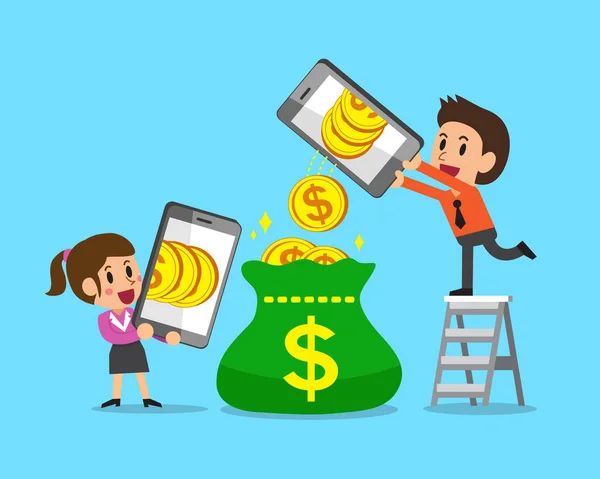 Gente de negocios de dibujos animados usando teléfonos inteligentes para ganar dinero — Vector de stock