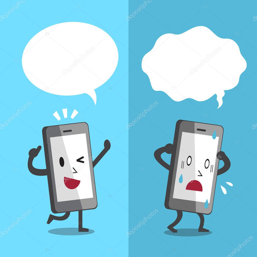 Cartoon smartphone expressing different emotions with white speech bubbles