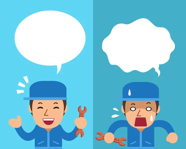 Cartoon a technician expressing different emotions with speech bubbles — Stock Vector