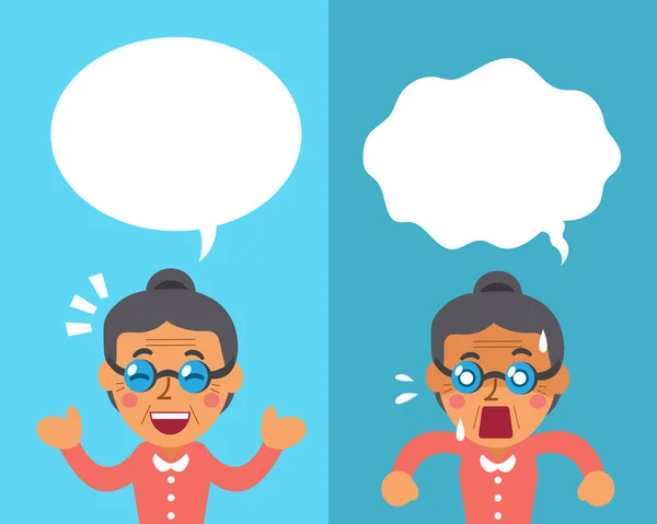 Cartone animato una donna anziana che esprime emozioni diverse con bolle di discorso bianco — Vettoriale Stock
