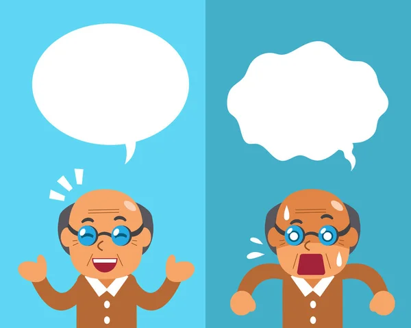 Kartun seorang pria senior mengekspresikan emosi yang berbeda dengan gelembung bicara putih - Stok Vektor