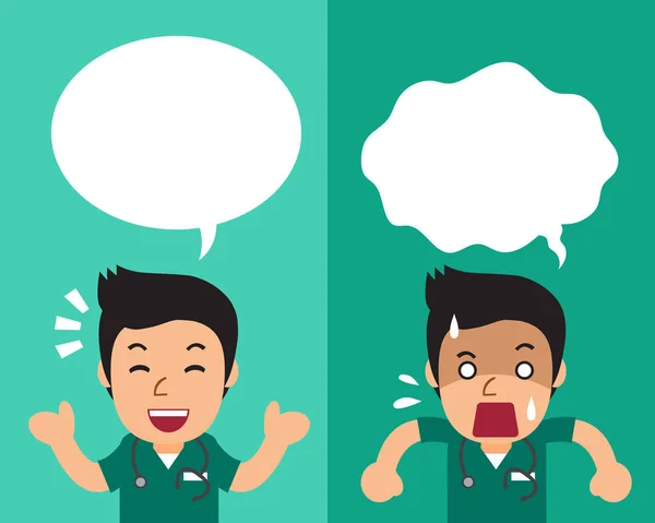 Cartoon male nurse expressing different emotions with speech bubbles — Stock Vector